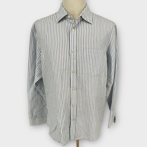Other - Banana Republic Mens Classic Stripe Linen Cotton Button Down Shirt XL Blue Taupe